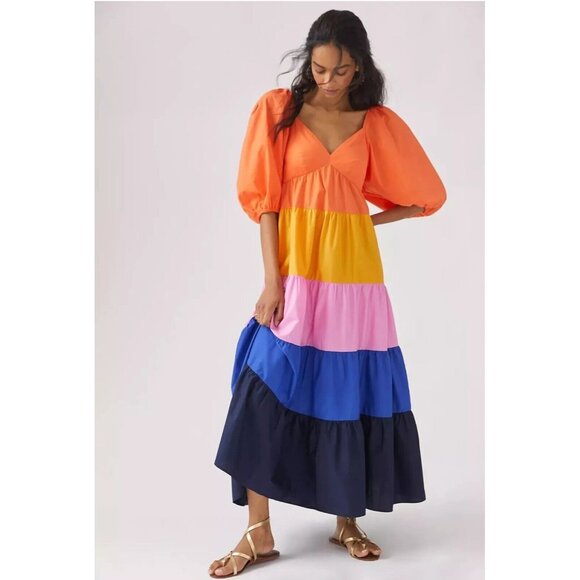 Farm Rio Anthropologie Womens Tiered Colorblock Maxi Dress Size M Cotton‎ NWT - Picture 1 of 10